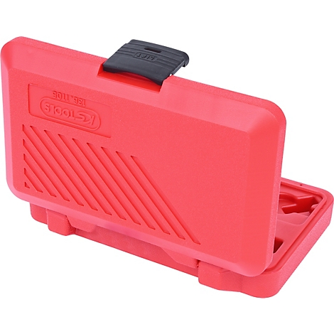 Offene, rote Werkzeugkiste mit schwarzem Verschluss. Auf der Kiste steht: KS TOOLS.